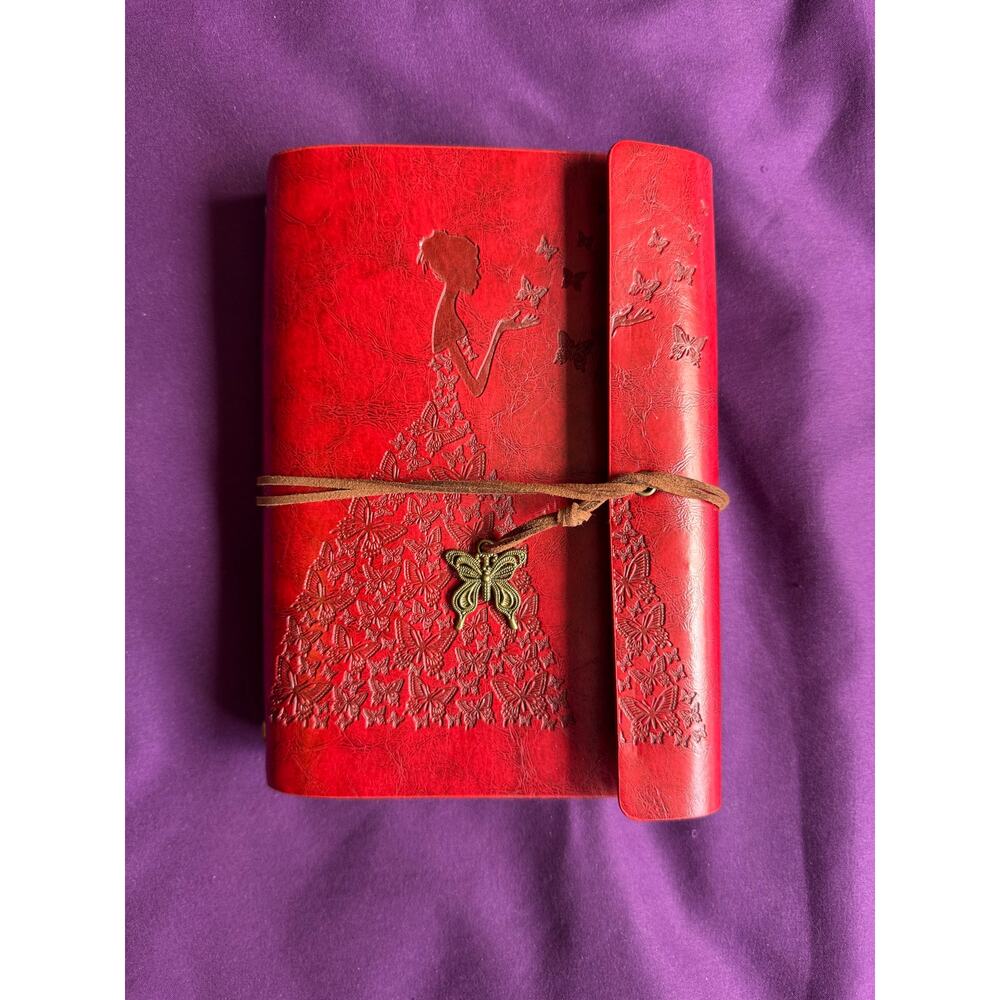 Red Faux Leather Journal – Girl with Butterfly Dress Blank Notebook for Writing